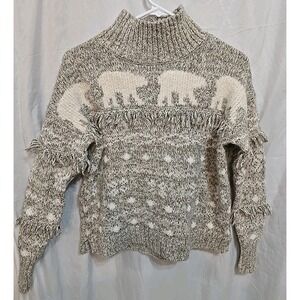 Loft Women's Gray & White Pullover Sweater W/Polar Bears Size XS Fringe Accents